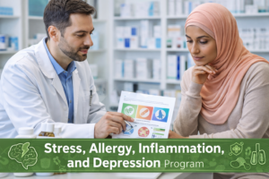 Stress allergy inflammation and depression training program showing pharmacist counseling patient on mental health and immune support at Kulud Academy