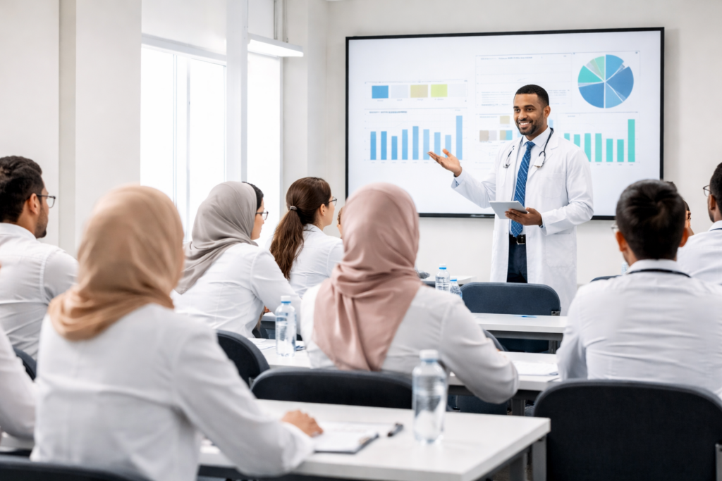 Professional pharmacist training session at Kulud Academy demonstrating structured clinical education for community pharmacy excellence
